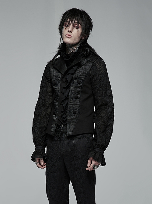 Gothic Style Elegant Lapel Gorgeous Ruffles Exquisite Embroidery Applique Retro Palace Black Slim Vest