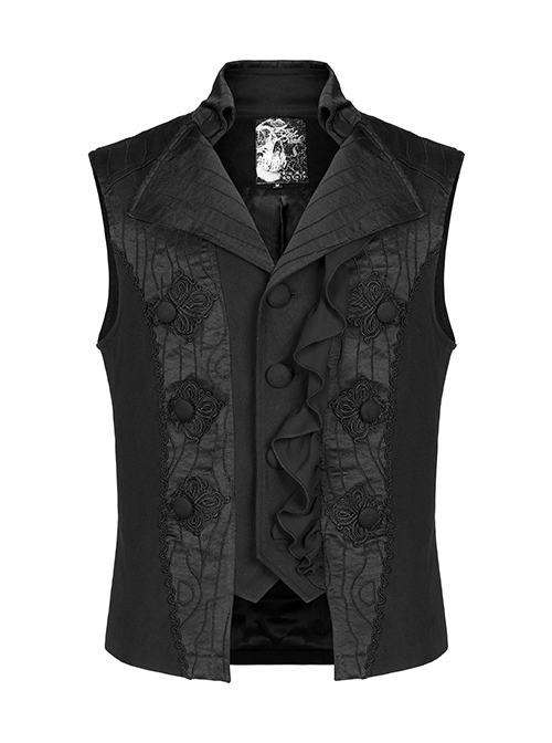 Gothic Style Elegant Lapel Gorgeous Ruffles Exquisite Embroidery Applique Retro Palace Black Slim Vest