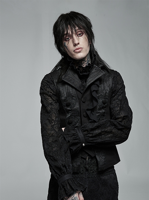 Gothic Style Elegant Lapel Gorgeous Ruffles Exquisite Embroidery Applique Retro Palace Black Slim Vest