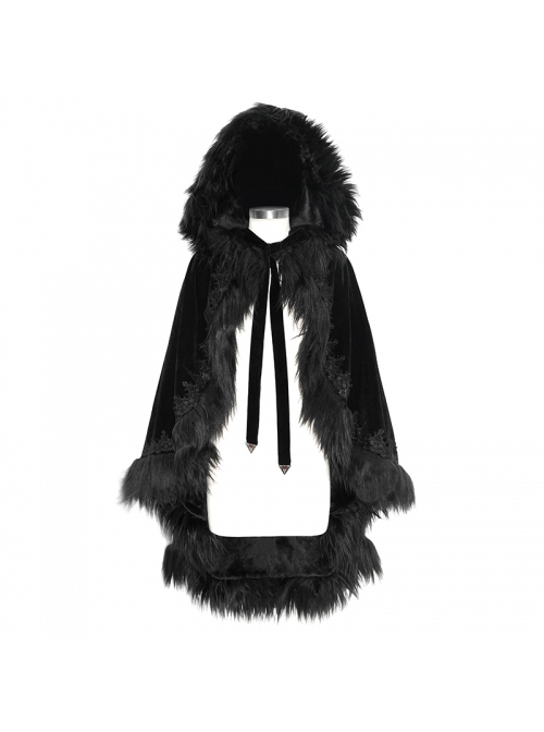 Gothic Style Simple Velvet Warm Wool Edge Black Lace Loose Hooded Cape