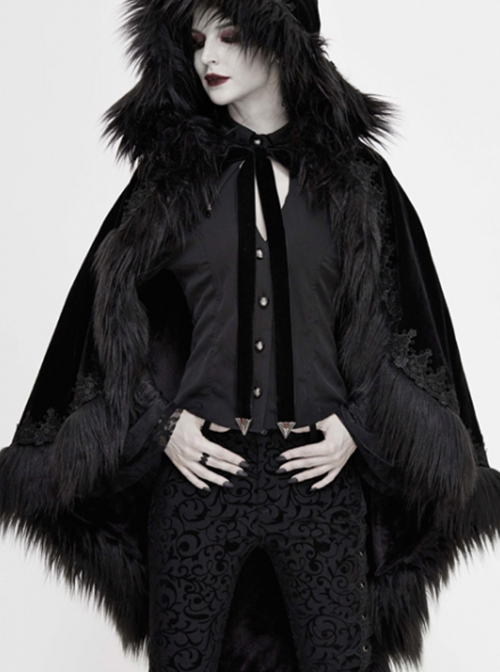 Gothic Style Simple Velvet Warm Wool Edge Black Lace Loose Hooded Cape