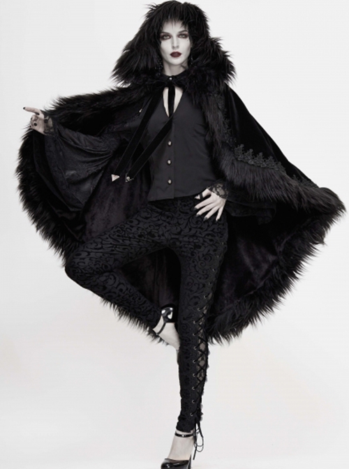 Gothic Style Simple Velvet Warm Wool Edge Black Lace Loose Hooded Cape
