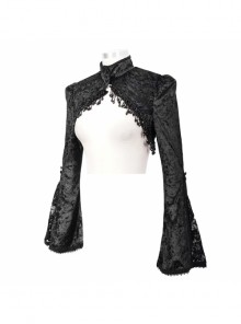 Gothic Style Exquisite Elastic Flocking Splicing Lace Mesh Black Tassel Trumpet Sleeve Shawl