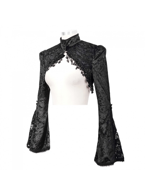 Gothic Style Exquisite Elastic Flocking Splicing Lace Mesh Black Tassel Trumpet Sleeve Shawl