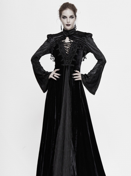 Gothic Style Exquisite Elastic Flocking Splicing Lace Mesh Black Tassel Trumpet Sleeve Shawl