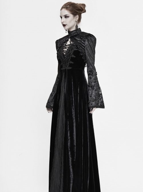 Gothic Style Exquisite Elastic Flocking Splicing Lace Mesh Black Tassel Trumpet Sleeve Shawl