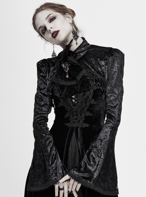 Gothic Style Exquisite Elastic Flocking Splicing Lace Mesh Black Tassel Trumpet Sleeve Shawl