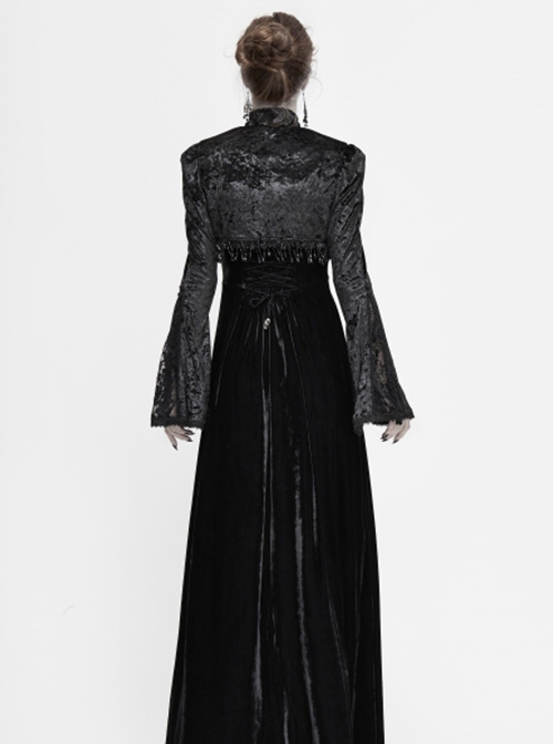Gothic Style Exquisite Elastic Flocking Splicing Lace Mesh Black Tassel Trumpet Sleeve Shawl