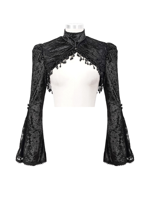 Gothic Style Exquisite Elastic Flocking Splicing Lace Mesh Black Tassel Trumpet Sleeve Shawl