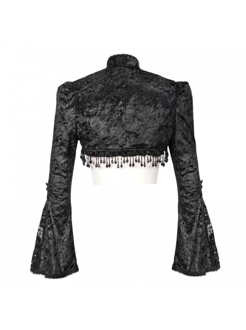Gothic Style Exquisite Elastic Flocking Splicing Lace Mesh Black Tassel Trumpet Sleeve Shawl