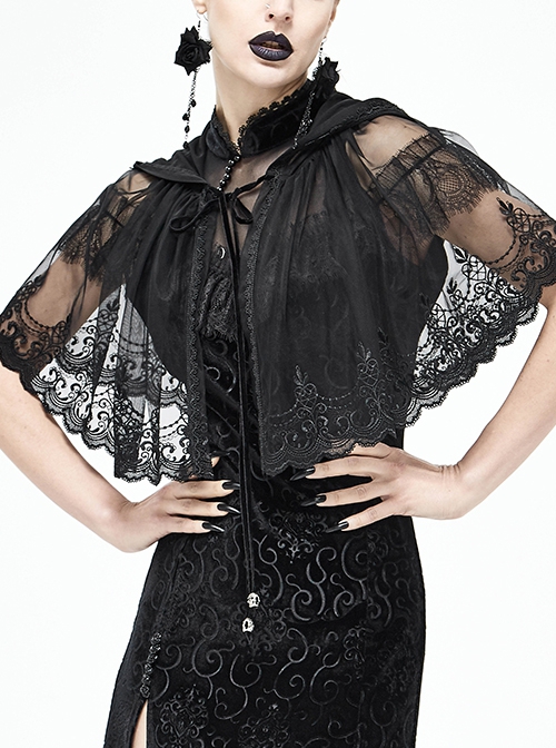 Gothic Style Sexy Slightly Transparent Elastic Mesh Splicing Lace Black Chiffon Hooded Cape