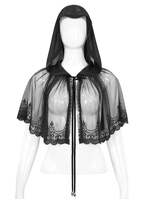 Gothic Style Sexy Slightly Transparent Elastic Mesh Splicing Lace Black Chiffon Hooded Cape