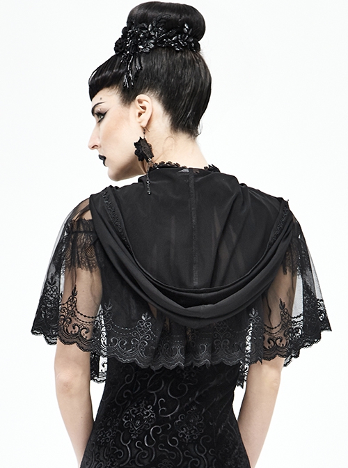 Gothic Style Sexy Slightly Transparent Elastic Mesh Splicing Lace Black Chiffon Hooded Cape