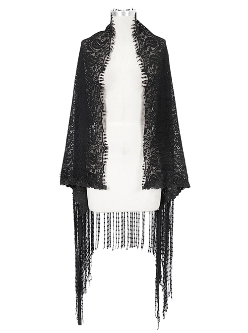Gothic Style Exquisite Tassel Stitching Lace Print Black Slightly Transparent Shawl