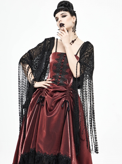 Gothic Style Exquisite Tassel Stitching Lace Print Black Slightly Transparent Shawl