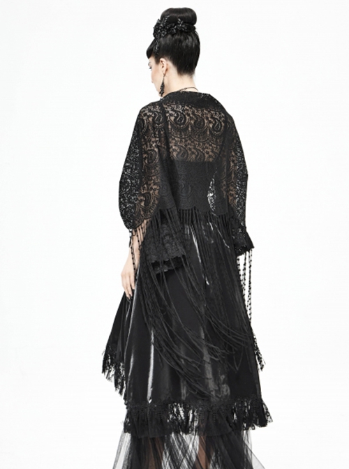 Gothic Style Exquisite Tassel Stitching Lace Print Black Slightly Transparent Shawl
