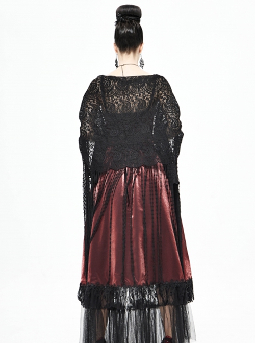 Gothic Style Exquisite Tassel Stitching Lace Print Black Slightly Transparent Shawl