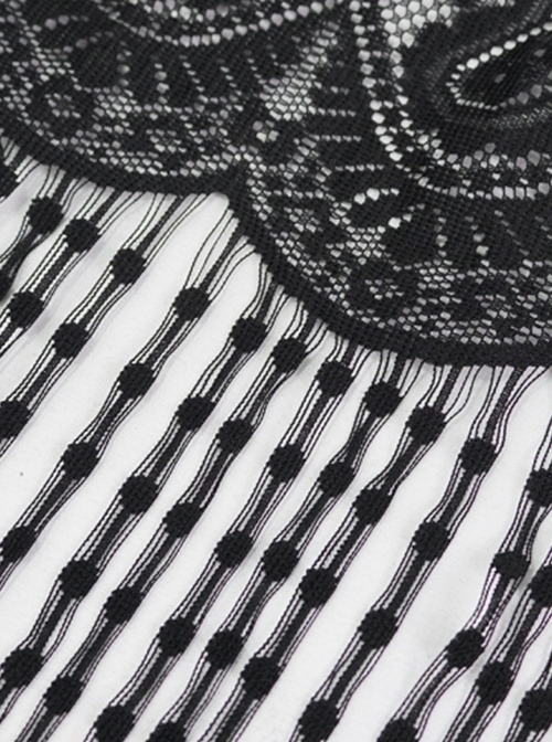 Gothic Style Exquisite Tassel Stitching Lace Print Black Slightly Transparent Shawl