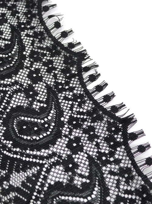 Gothic Style Exquisite Tassel Stitching Lace Print Black Slightly Transparent Shawl