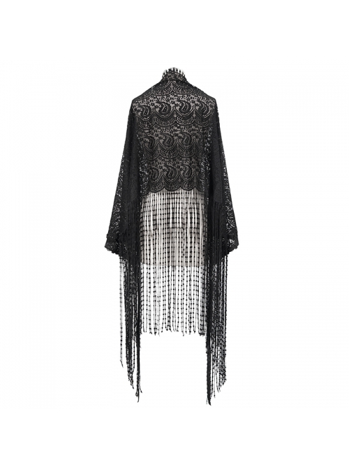 Gothic Style Exquisite Tassel Stitching Lace Print Black Slightly Transparent Shawl