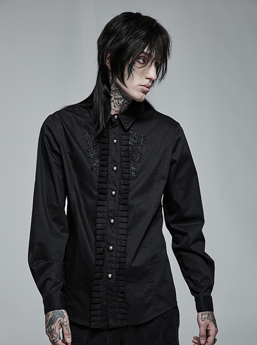 Gothic Style Lapel Exquisite Embroidery Applique Ruffle Placket Elegant Black Long Sleeves Male Shirt