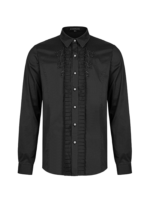 Gothic Style Lapel Exquisite Embroidery Applique Ruffle Placket Elegant Black Long Sleeves Male Shirt