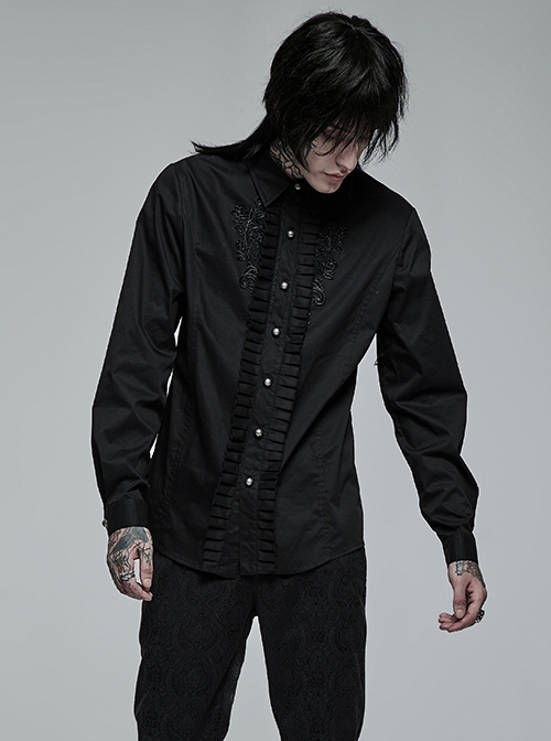 Gothic Style Lapel Exquisite Embroidery Applique Ruffle Placket Elegant Black Long Sleeves Male Shirt