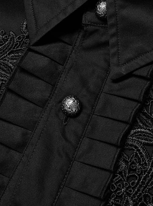 Gothic Style Lapel Exquisite Embroidery Applique Ruffle Placket Elegant Black Long Sleeves Male Shirt