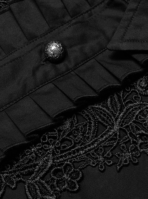Gothic Style Lapel Exquisite Embroidery Applique Ruffle Placket Elegant Black Long Sleeves Male Shirt