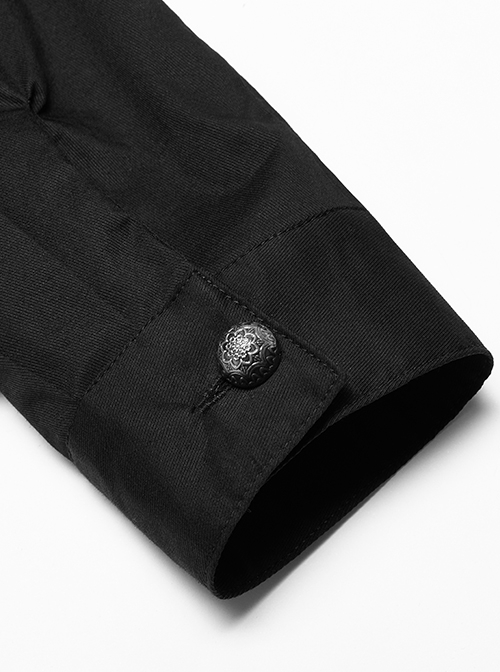 Gothic Style Lapel Exquisite Embroidery Applique Ruffle Placket Elegant Black Long Sleeves Male Shirt