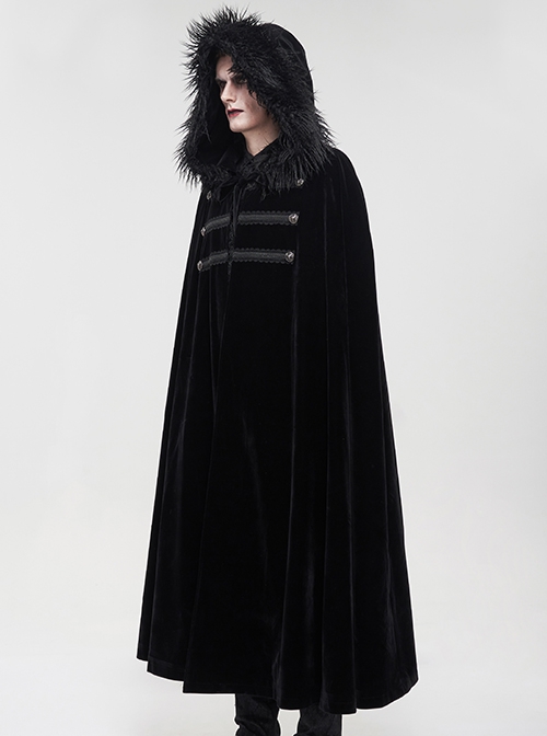 Gothic Style Simple Weft Velvet Front Lace Metal Buckle Decoration Black Detachable Hooded Cape