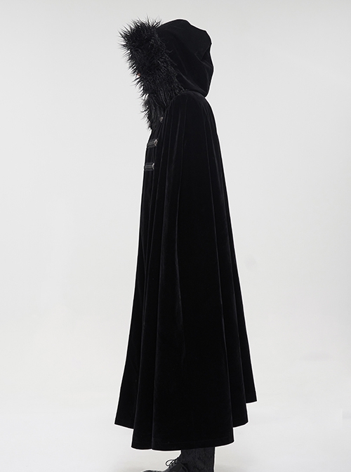 Gothic Style Simple Weft Velvet Front Lace Metal Buckle Decoration Black Detachable Hooded Cape