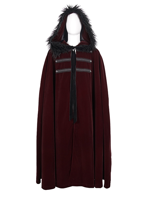 Gothic Style Simple Weft Velvet Front Lace Metal Buckle Decoration Red Detachable Hooded Cape