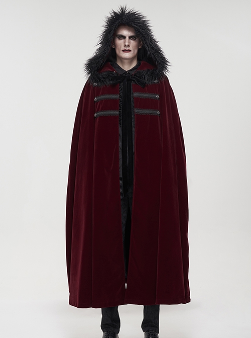 Gothic Style Simple Weft Velvet Front Lace Metal Buckle Decoration Red Detachable Hooded Cape