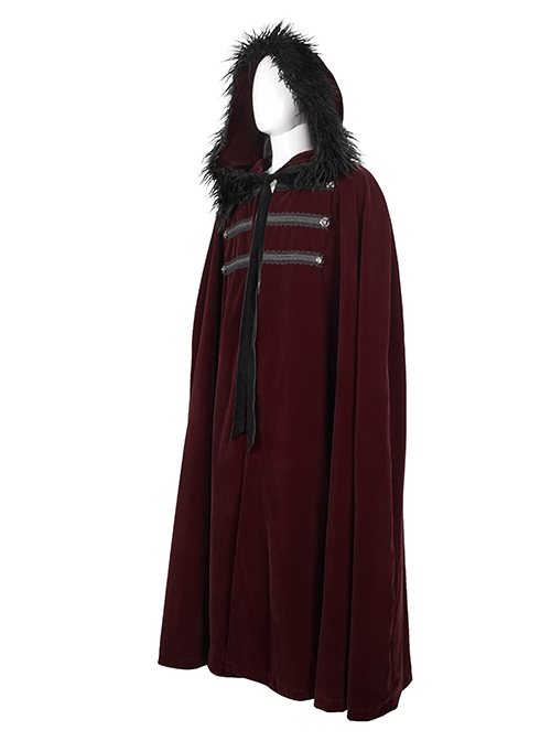 Gothic Style Simple Weft Velvet Front Lace Metal Buckle Decoration Red Detachable Hooded Cape