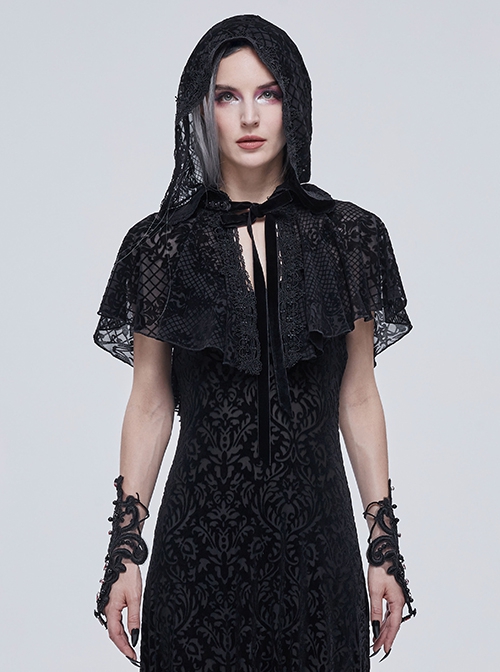 Gothic Style Three-Dimensional Lace Flocking Flower Net Front Center Adjustable Lace Black Thin Shawl
