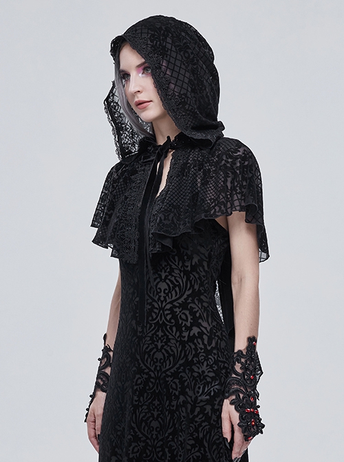 Gothic Style Three-Dimensional Lace Flocking Flower Net Front Center Adjustable Lace Black Thin Shawl
