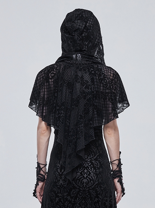 Gothic Style Three-Dimensional Lace Flocking Flower Net Front Center Adjustable Lace Black Thin Shawl