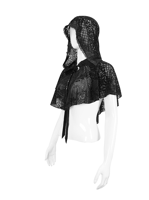 Gothic Style Three-Dimensional Lace Flocking Flower Net Front Center Adjustable Lace Black Thin Shawl