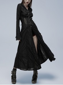 Gothic Style Exquisite Embroidery Applique Retro Metal Buttons Black Trumpet Sleeves Hooded Slim Long Coat