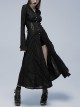 Gothic Style Exquisite Embroidery Applique Retro Metal Buttons Black Trumpet Sleeves Hooded Slim Long Coat