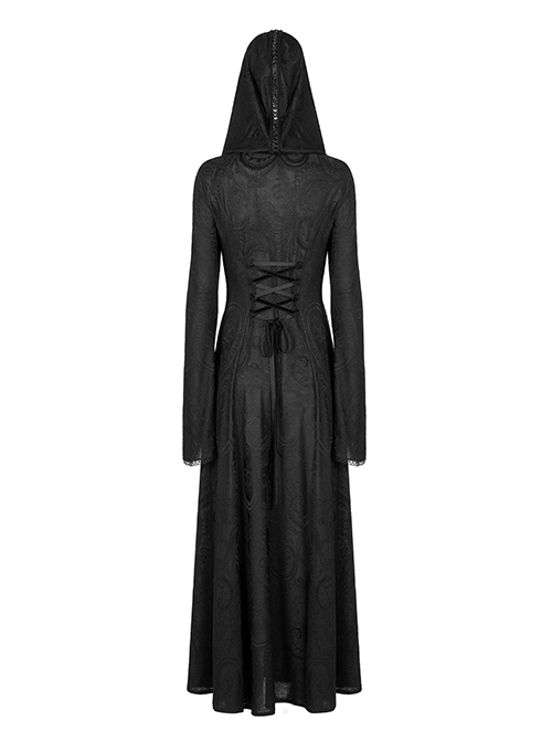 Gothic Style Exquisite Embroidery Applique Retro Metal Buttons Black Trumpet Sleeves Hooded Slim Long Coat