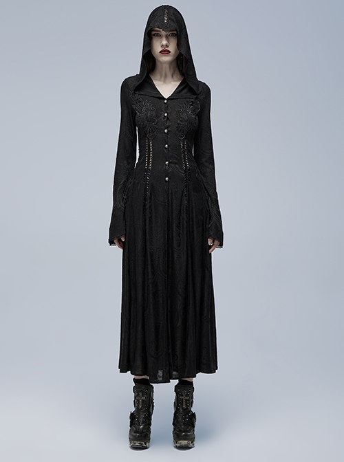 Gothic Style Exquisite Embroidery Applique Retro Metal Buttons Black Trumpet Sleeves Hooded Slim Long Coat