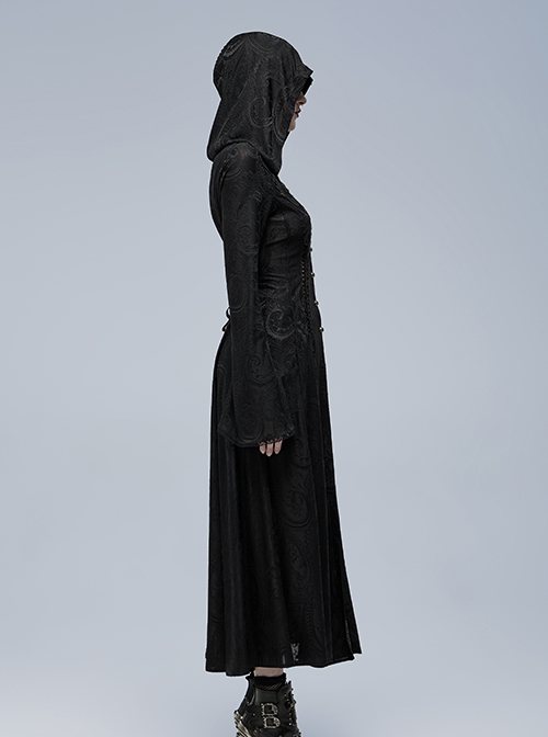 Gothic Style Exquisite Embroidery Applique Retro Metal Buttons Black Trumpet Sleeves Hooded Slim Long Coat