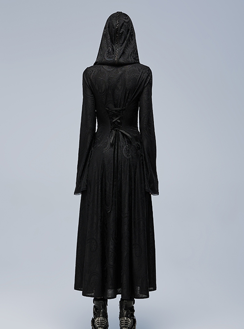 Gothic Style Exquisite Embroidery Applique Retro Metal Buttons Black Trumpet Sleeves Hooded Slim Long Coat
