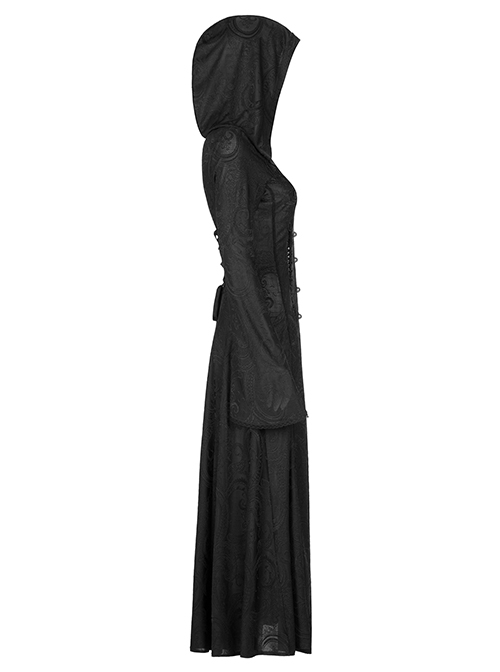 Gothic Style Exquisite Embroidery Applique Retro Metal Buttons Black Trumpet Sleeves Hooded Slim Long Coat