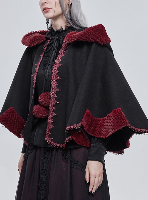 Gothic Style Soft Wool Front Red Lace With Black Thermal Fabric  Hooded Shawl