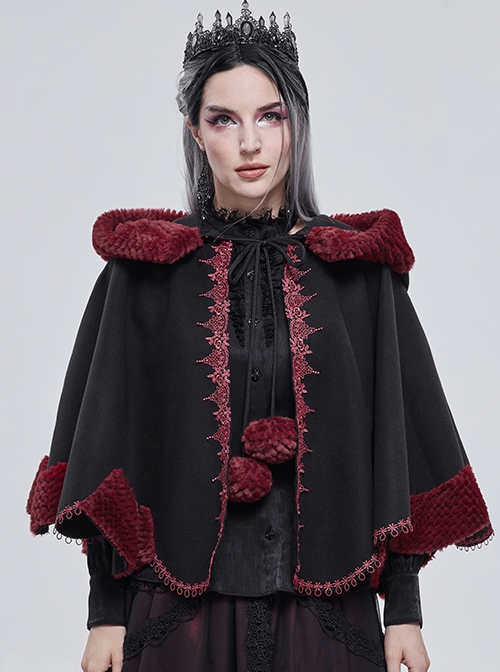 Gothic Style Soft Wool Front Red Lace With Black Thermal Fabric  Hooded Shawl