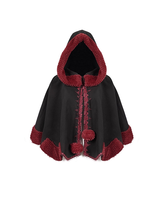 Gothic Style Soft Wool Front Red Lace With Black Thermal Fabric  Hooded Shawl