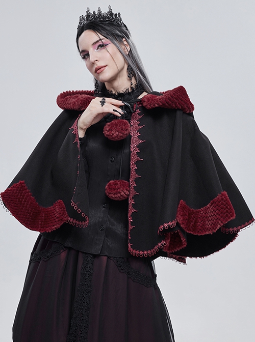 Gothic Style Soft Wool Front Red Lace With Black Thermal Fabric  Hooded Shawl